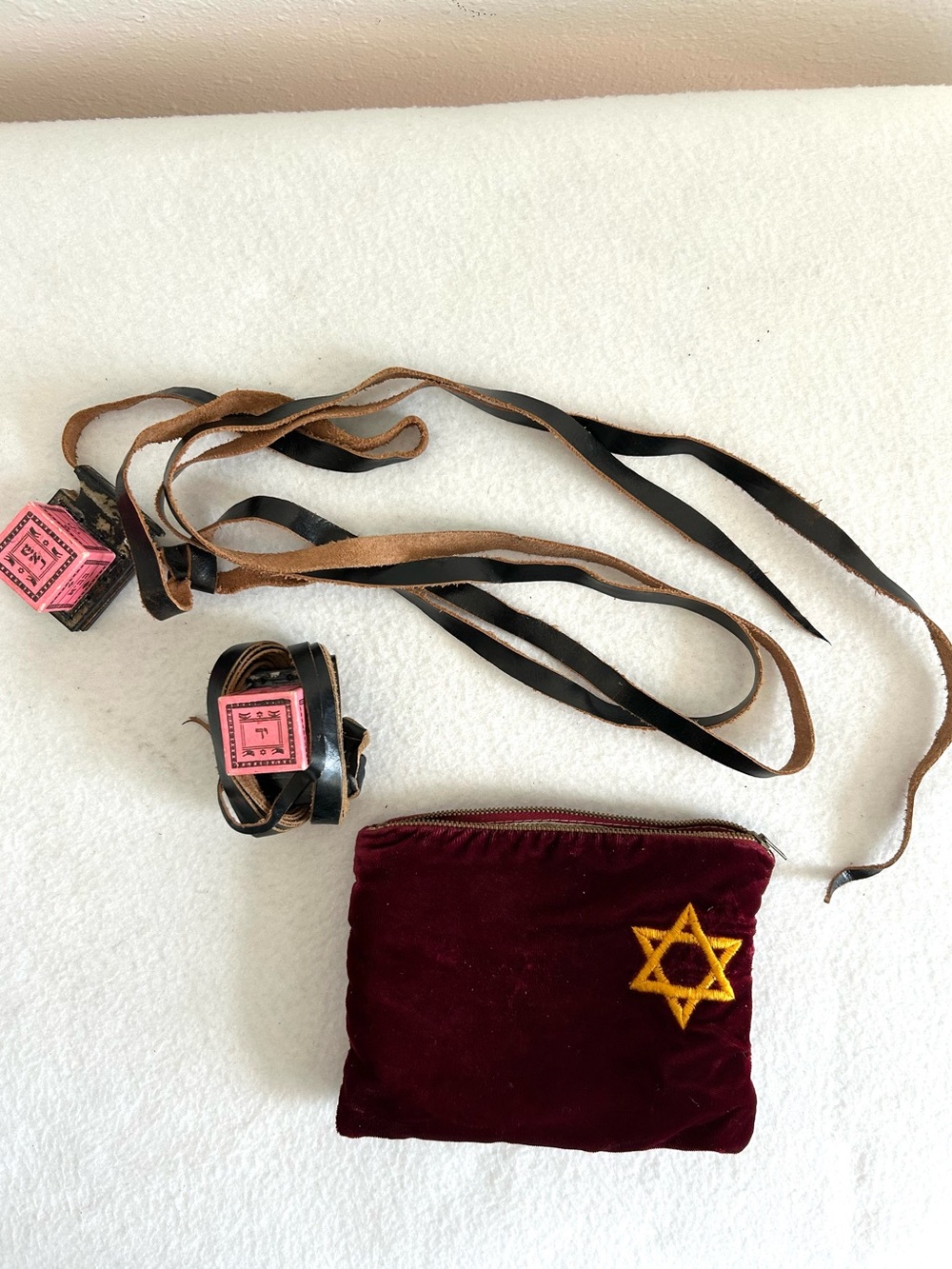 Vtg Hebrew Tefillin Set & Stitched Red Velvet Bag Jewish Israel Judaism Judaica